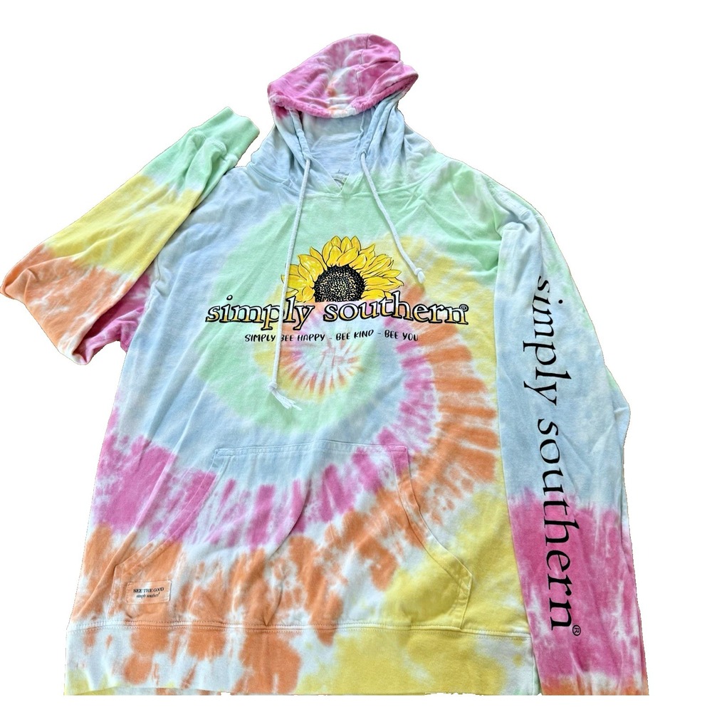 Simply Southern Tie Dye Hoodie Large Sunflower Happy Bee Preppy Boho Festival